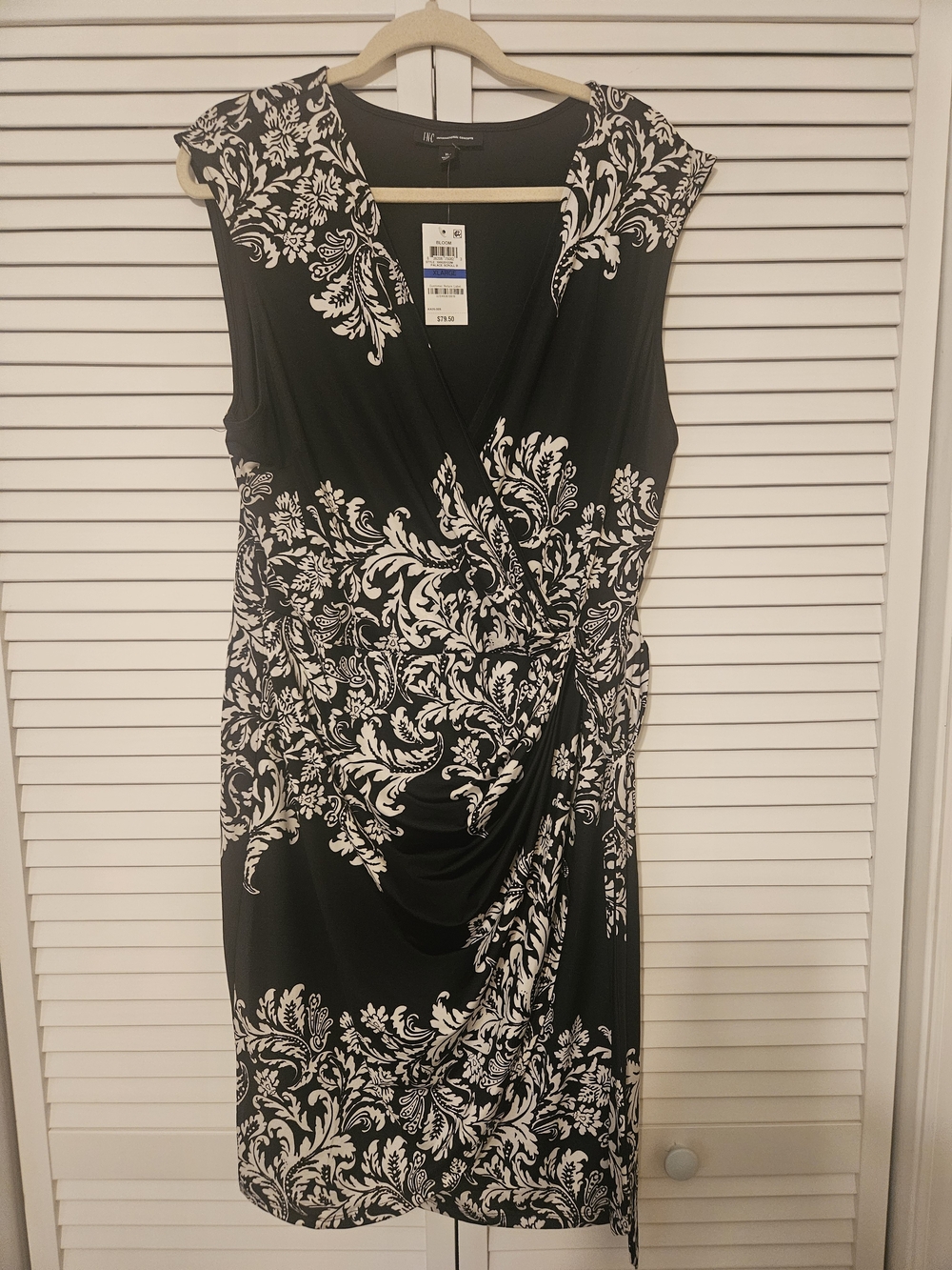 INC International Concepts Black and White Floral Faux-Wrap Midi Dress